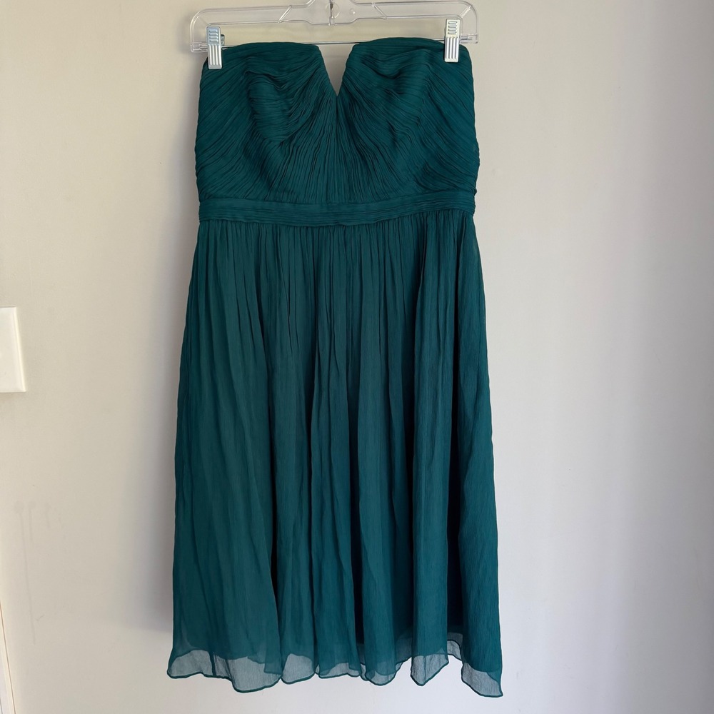 J. Crew Arabelle 100% Silk Chiffon Dress Teal Green Strapless Flowy Short Size 8